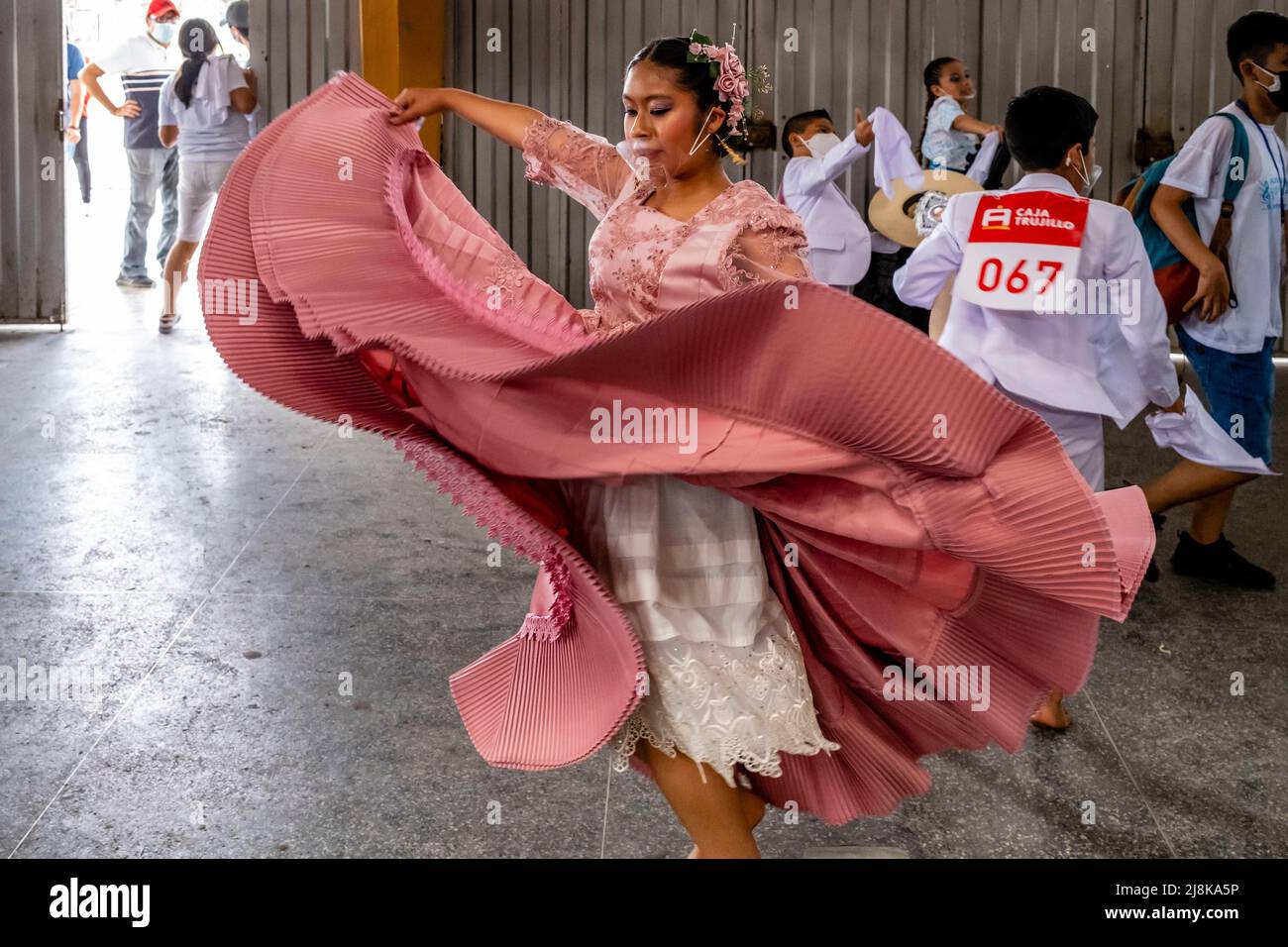 Young Peruvian Dancers Practise The Marinera Dance Before Taking Part