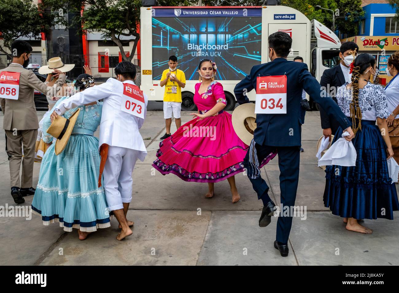 Young Peruvian Dancers Practise The Marinera Dance Before Taking Part