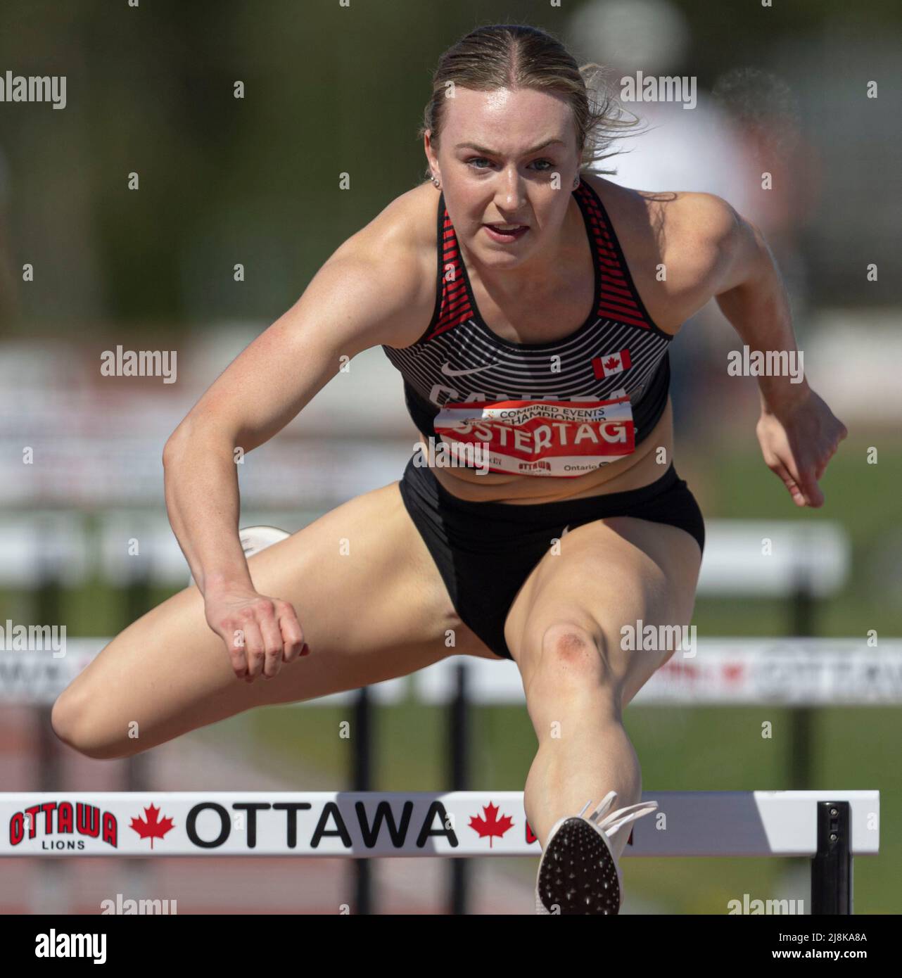 (Ottawa, Canada---14 May 2022) Nicole Ostertag  competing in the heptathlon 100m hurdles at the 2022 NACAC North America, Central America, and Caribbe Stock Photo