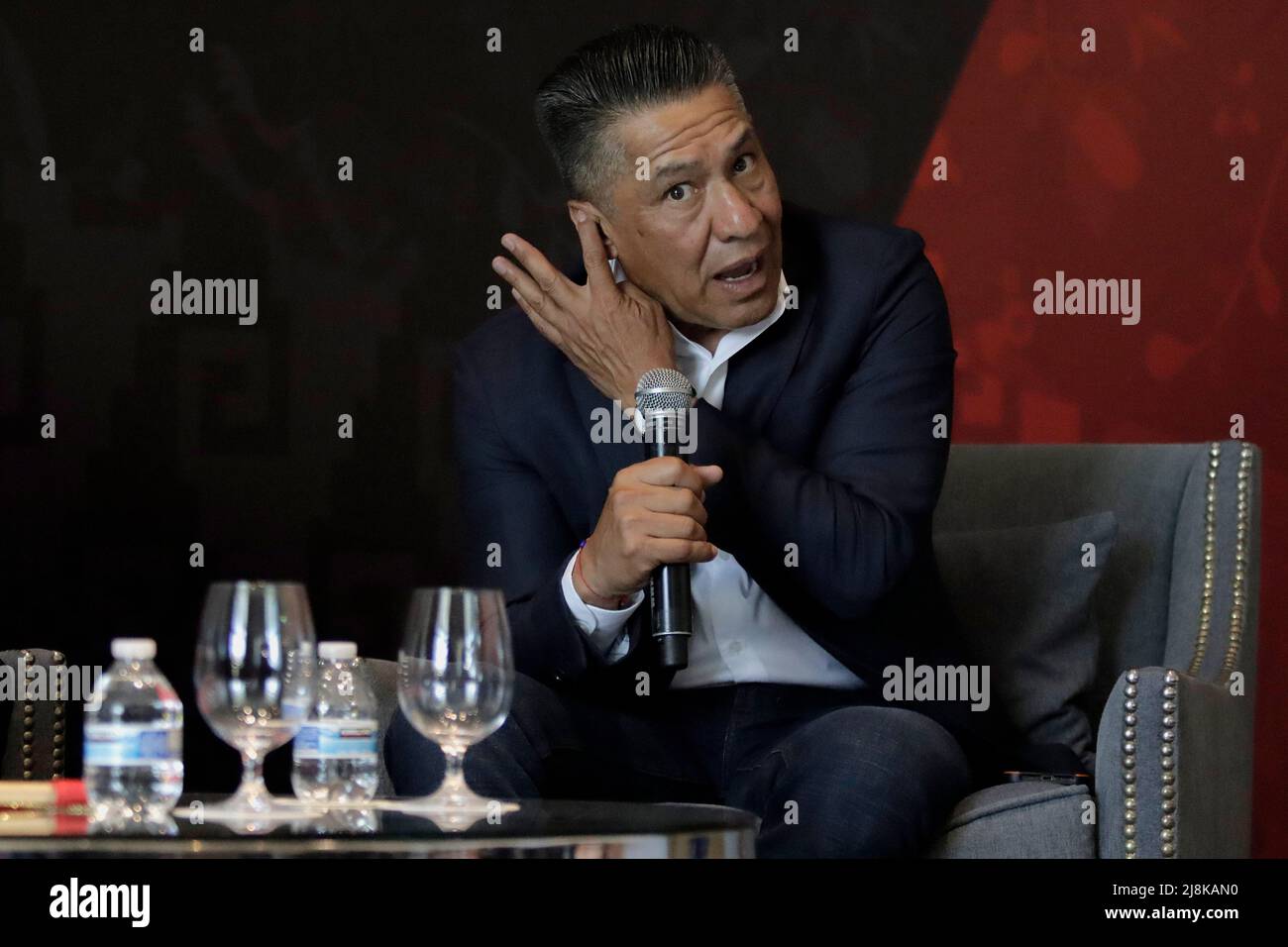 Mexico City, Mexico City, Mexico. 16th May, 2022. Ignacio Ambriz, coach of Club Toluca F.C speaks during Bayer Leverkusen V. Club Toluca F.C football match press conference as part of on the occasion of the celebrations of the 100 years of Bayer pharmaceuticals in Mexico at St Regis Hotel. On May 16, 2022 in Mexico City, Mexico. (Credit Image: © Gerardo Vieyra/eyepix via ZUMA Press Wire) Stock Photo