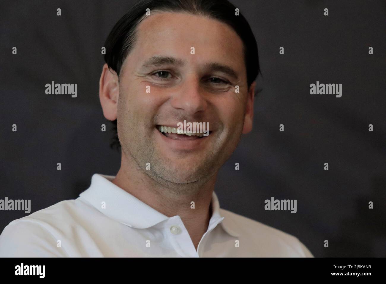 Mexico City, Mexico City, Mexico. 16th May, 2022. Gerardo Seoane, Coach of Bayer Leverkusen speaks during Bayer Leverkusen V. Club Toluca F.C football match press conference as part of on the occasion of the celebrations of the 100 years of Bayer pharmaceuticals in Mexico at St Regis Hotel. On May 16, 2022 in Mexico City, Mexico. (Credit Image: © Gerardo Vieyra/eyepix via ZUMA Press Wire) Stock Photo