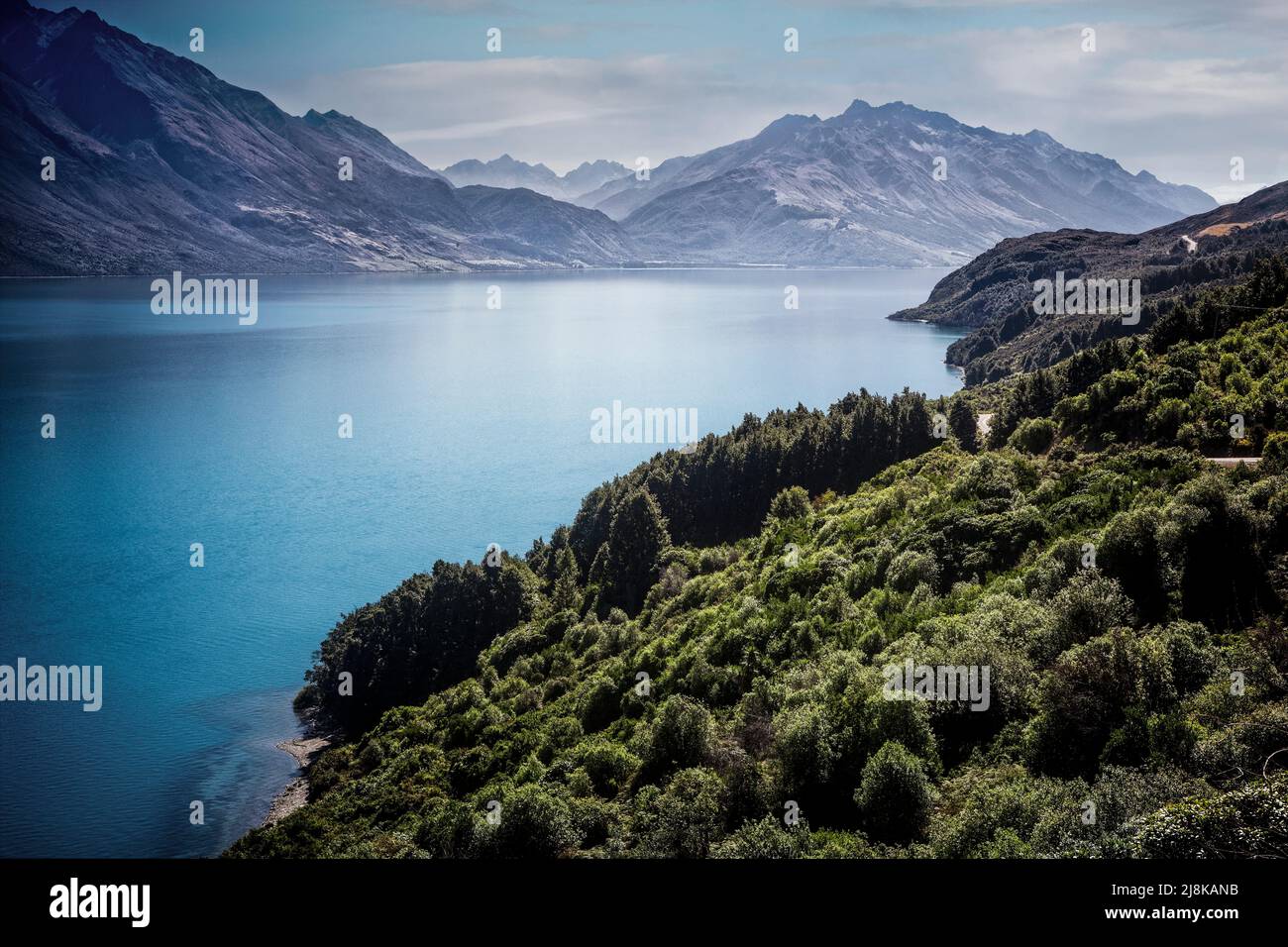 Lake Wakatipu is in regular view along the road to Glenorchy, South Island, New Zealand. Stock Photo