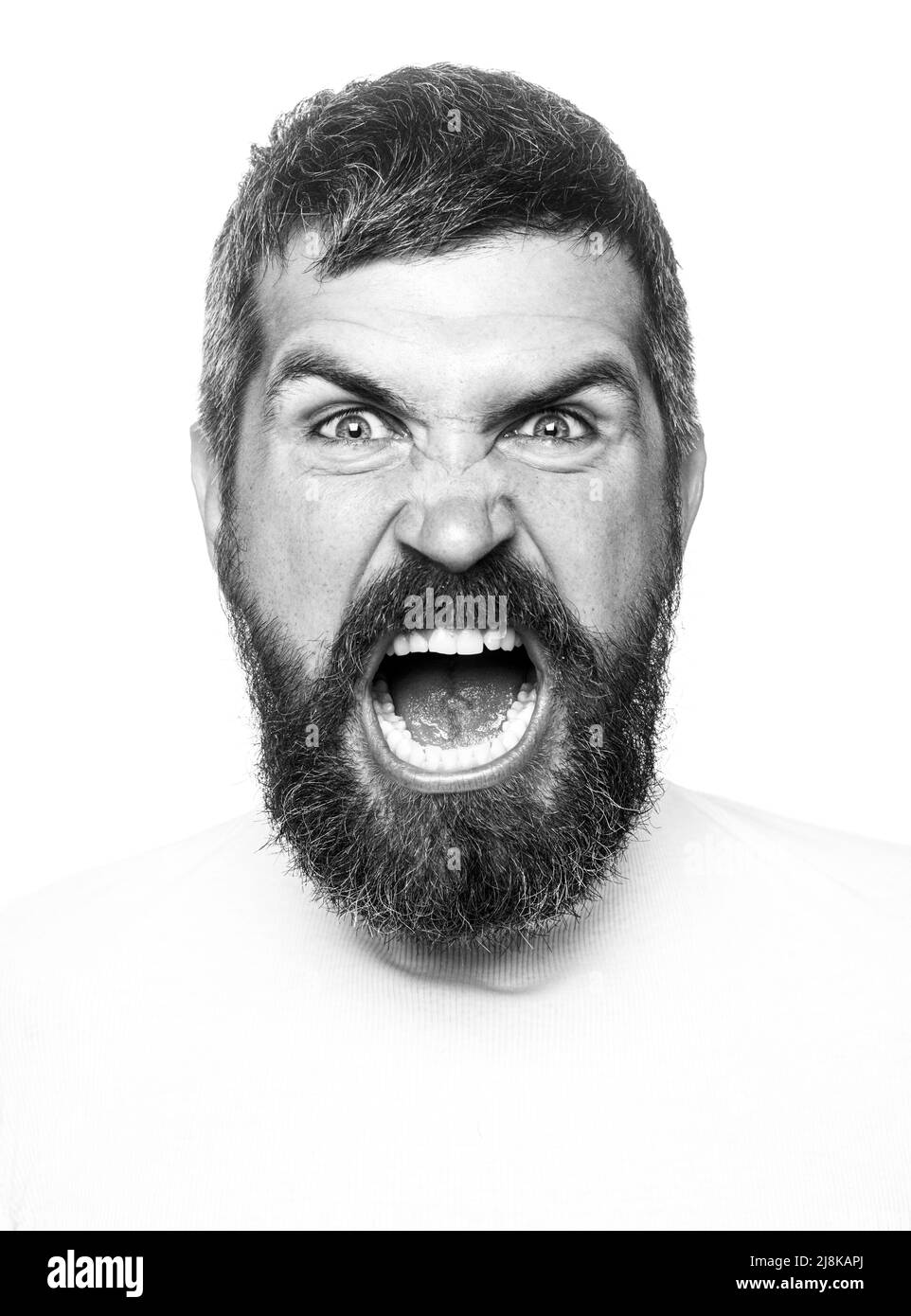 Annoyed angry man. Scream stressful face expression. Aggressive man. Pensive handsome fashioned bearded hipster. Guy portrait look brutal. Frustration Stock Photo