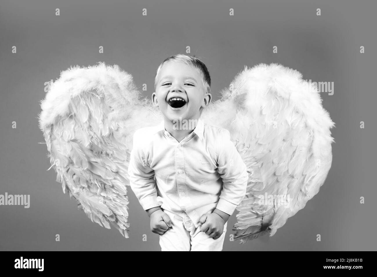 Excited funny angel children boy with white wings laughing. Valentines day cupid child. Stock Photo