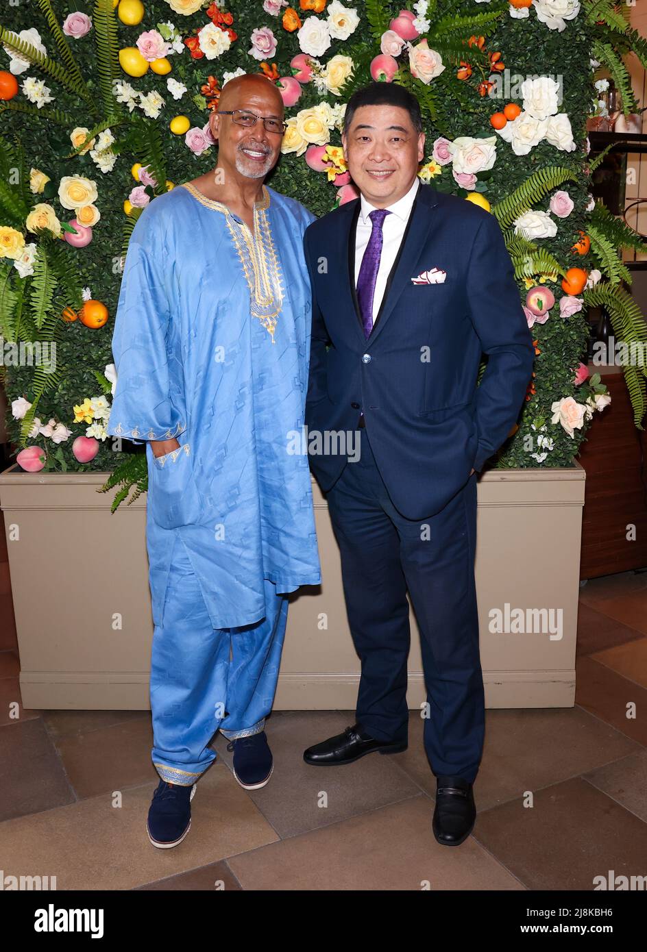 Los Angeles, California, USA. 10th May, 2022. Artist/actor Michael Warren and TV host Joey Zhou attending an interview with LABA Blue-chip artist Jiannan Huang by video conference at the Four Seasons Hotel Los Angeles at Beverly Hills, Los Angeles, California. Credit: Sheri Determan Stock Photo