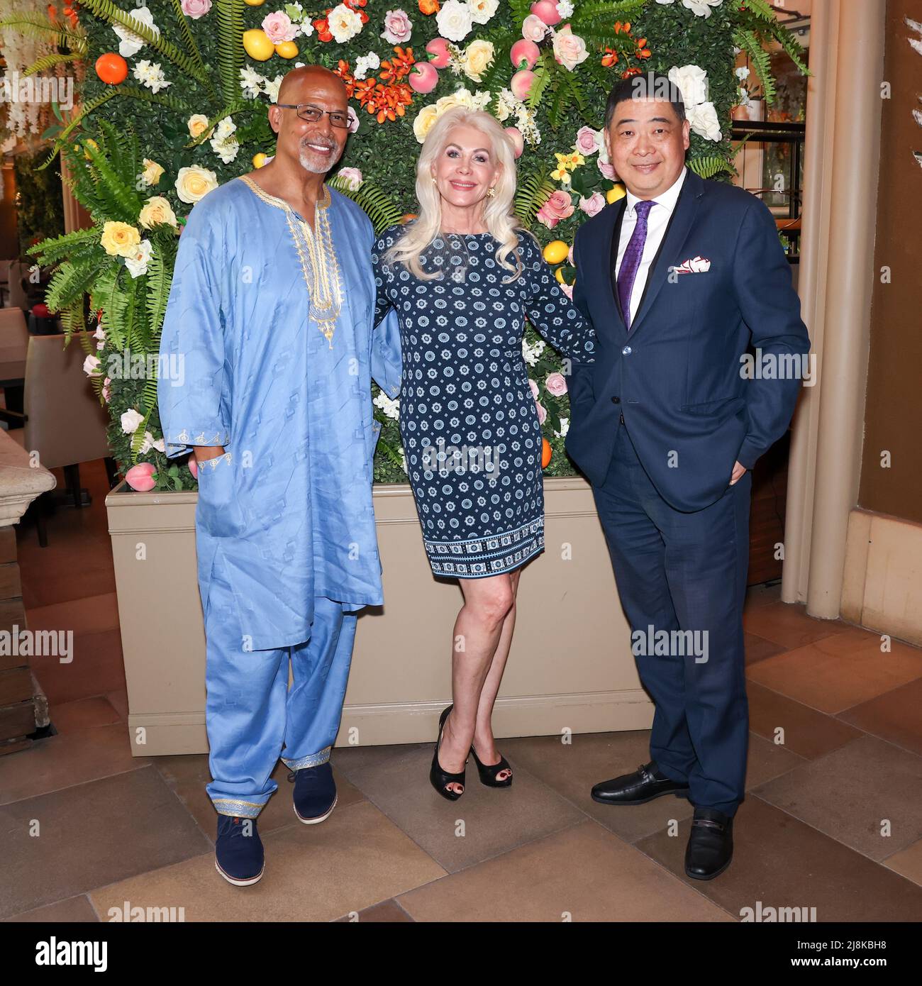 Los Angeles, California, USA. 10th May, 2022. Artist/actor Michael Warren, Princess Karen Cantrell, and TV host Joey Zhou attending an interview with LABA Blue-chip artist Jiannan Huang by video conference at the Four Seasons Hotel Los Angeles at Beverly Hills in Los Angeles, California. Credit: Sheri Determan Stock Photo