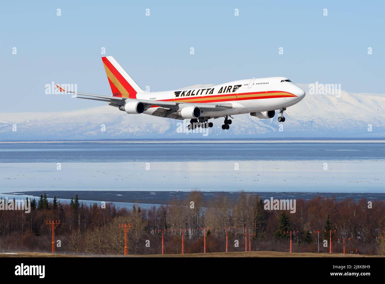 Kalitta Air Cargo Boeing 747 freighter plane landing. Large cargo airplane 747-400F. Aircraft 747F arrival in Anchorage Airport in Alaska, USA. Stock Photo