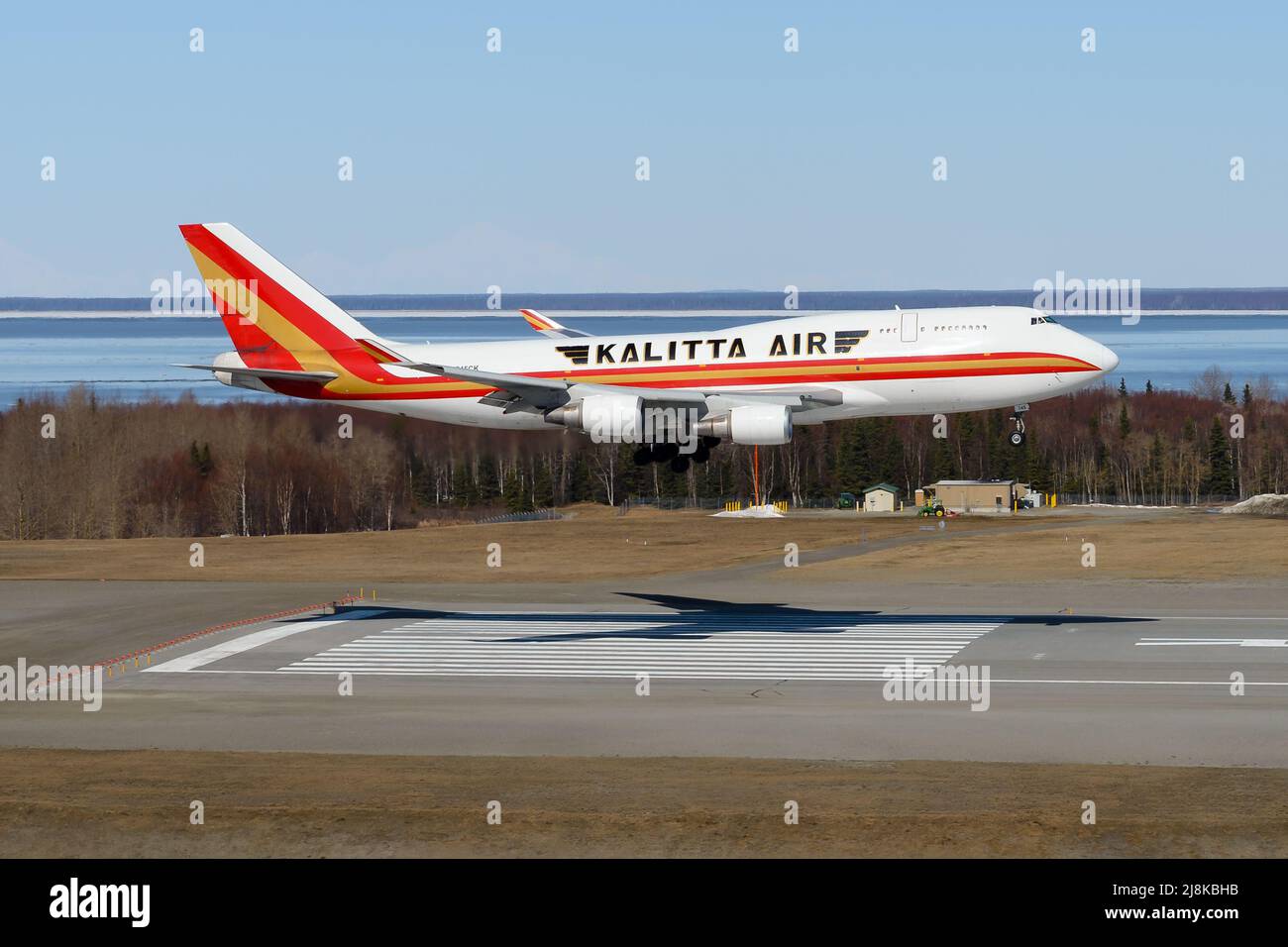 Kalitta Air Cargo Boeing 747-400F freighter plane landing. Large cargo airplane 747. Aircraft 747F arrival in Anchorage Airport. Stock Photo