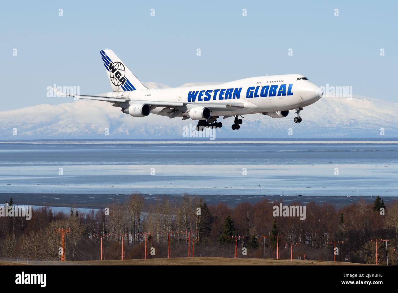 Airplane B747 of WGA Cargo airline landing in Anchorage Airport, Alaska
