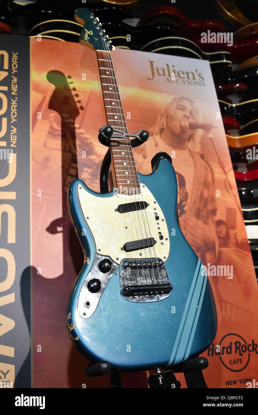 The blue 1969 Mustang Fender guitar used by rock icon Kurt Cobain in