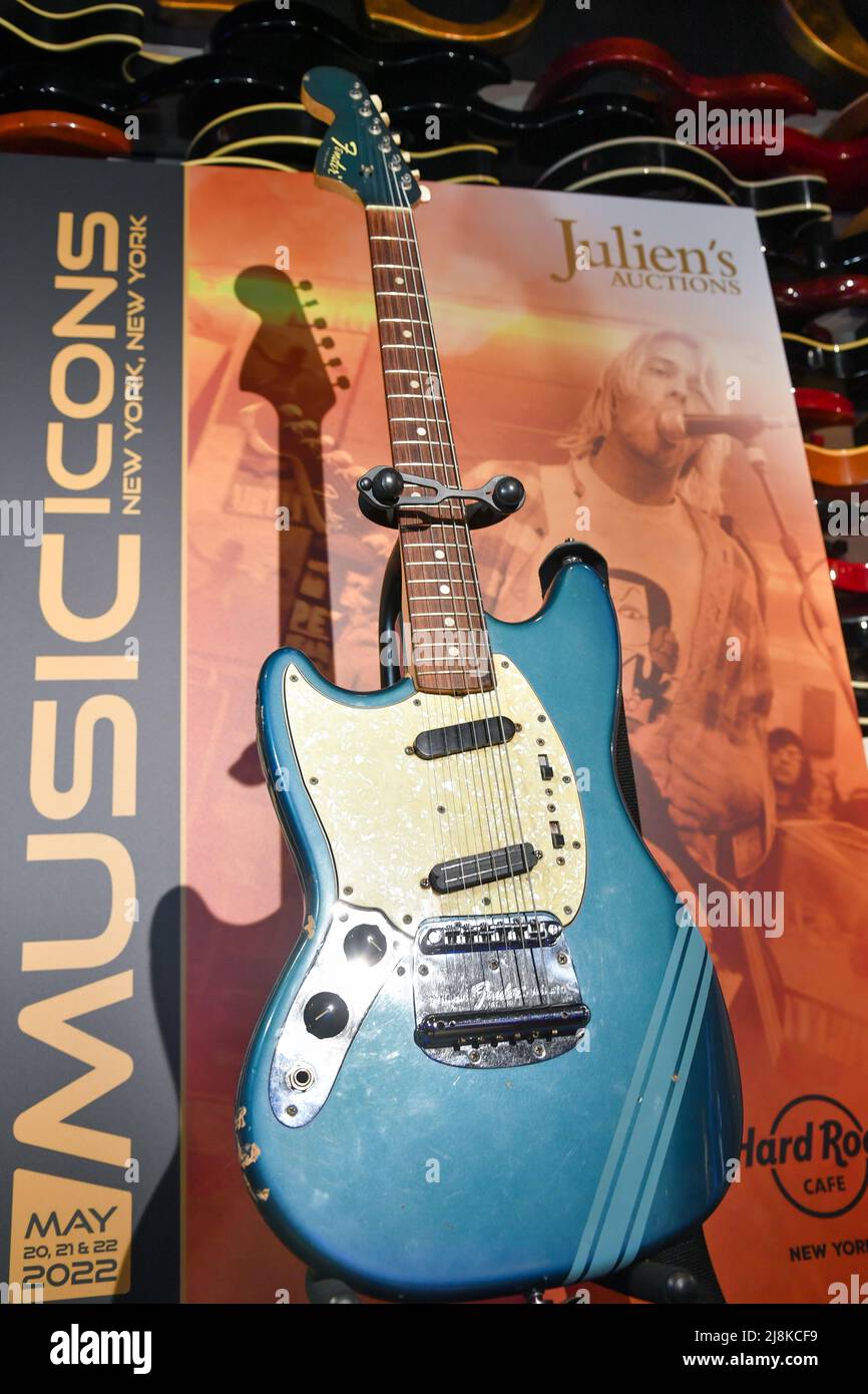 The blue 1969 Mustang Fender guitar used by rock icon Kurt Cobain in