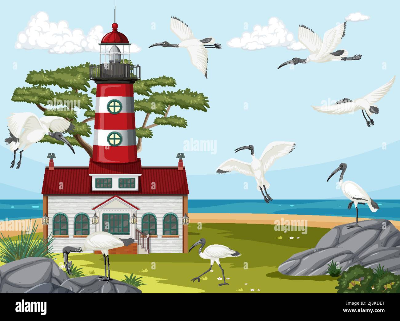 Lighthouse on the coast scene illustration Stock Vector Image & Art - Alamy