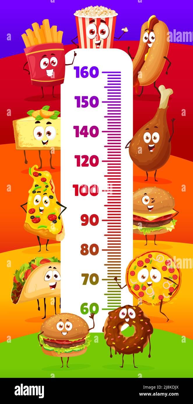 Cartoon fast food characters, kids height chart or growth measure ...