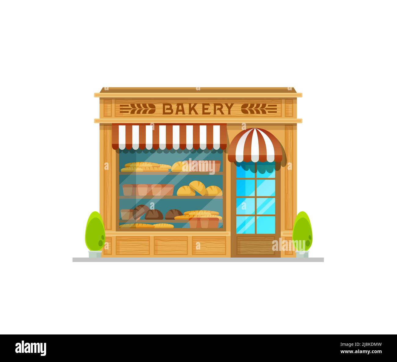 Bakery shop building facade with glass showcase, signboard and canopy