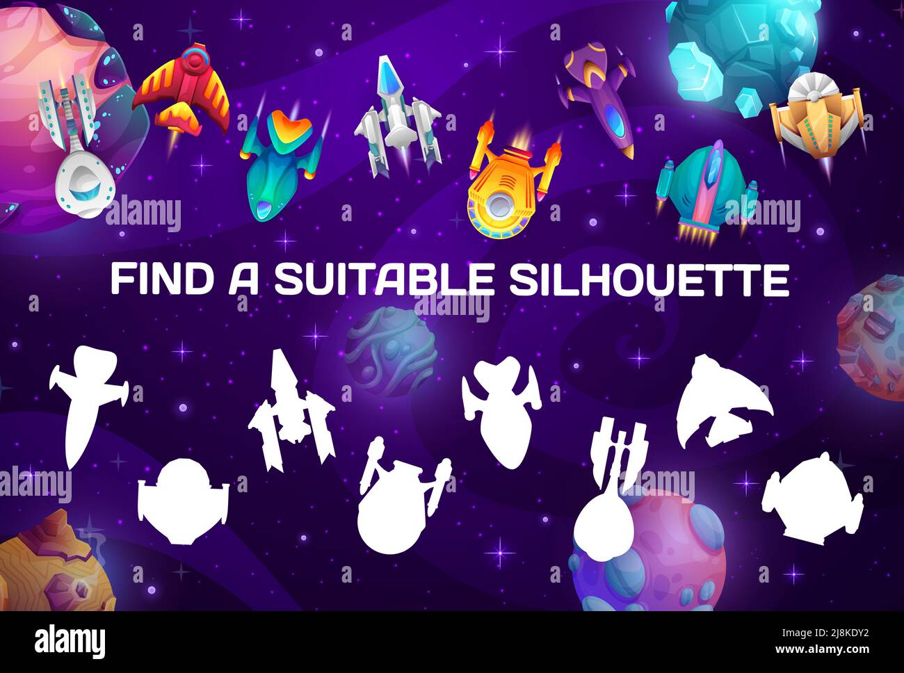 Cartoon galaxy planets and spaceships. Find a suitable silhouette kids ...
