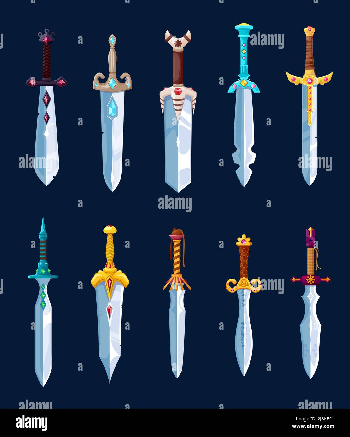 Magical swords, cartoon steel blades, rapier and glavie, sabre