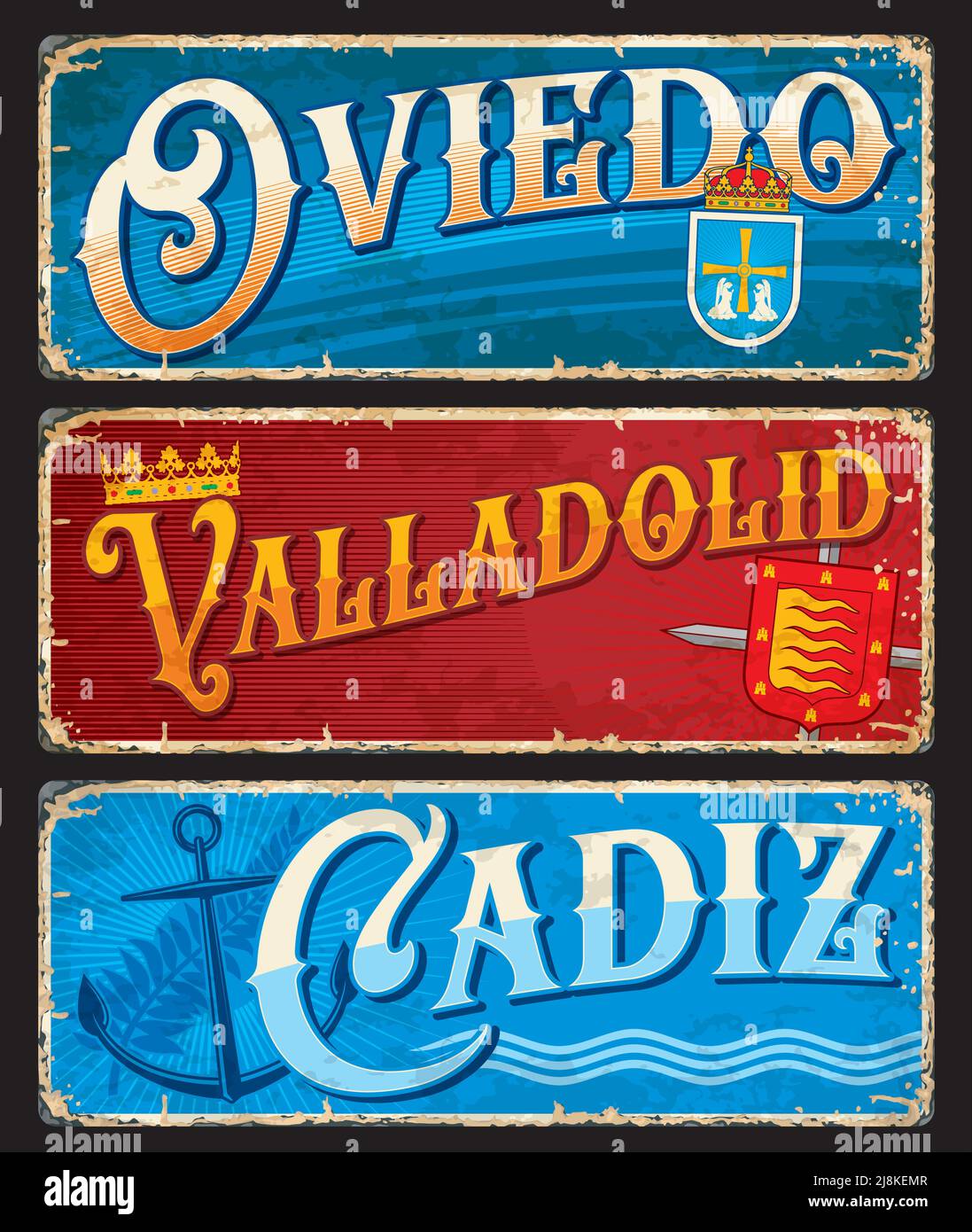 Oviedo, Cadiz, Valladolid spanish city plates and travel stickers. Vector vintage banners with Spain symbols . Anchor, sea waves, plant branch, heraldic coat of arms, touristic landmarks sign boards Stock Vector