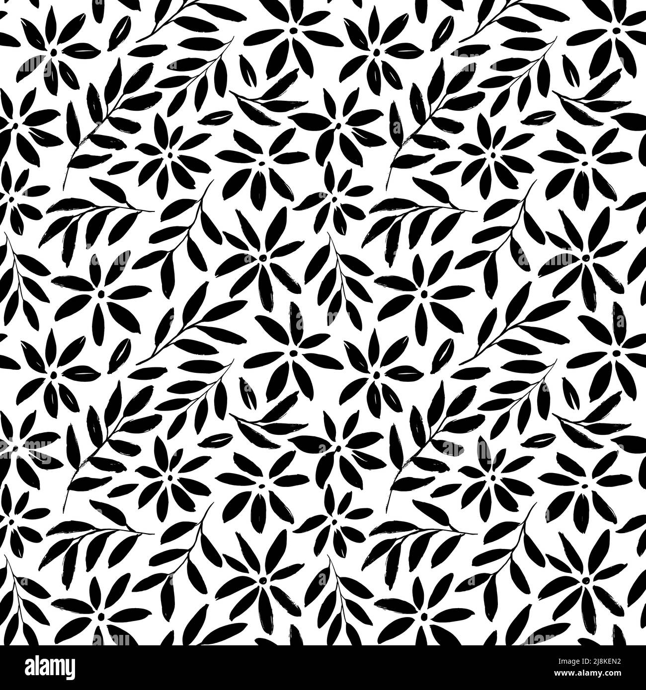 Simple black flowers hand drawn seamless pattern. Stock Vector