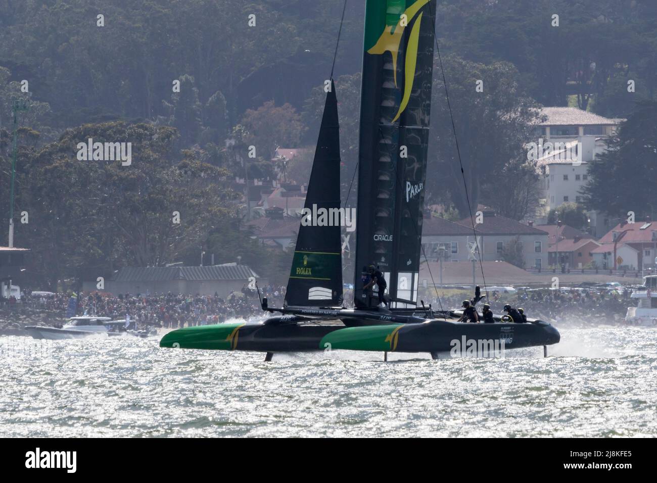 The Australian team races their F50 catamaran on the waters of San Francisco Bay during the 2022 SailGP races. Stock Photo