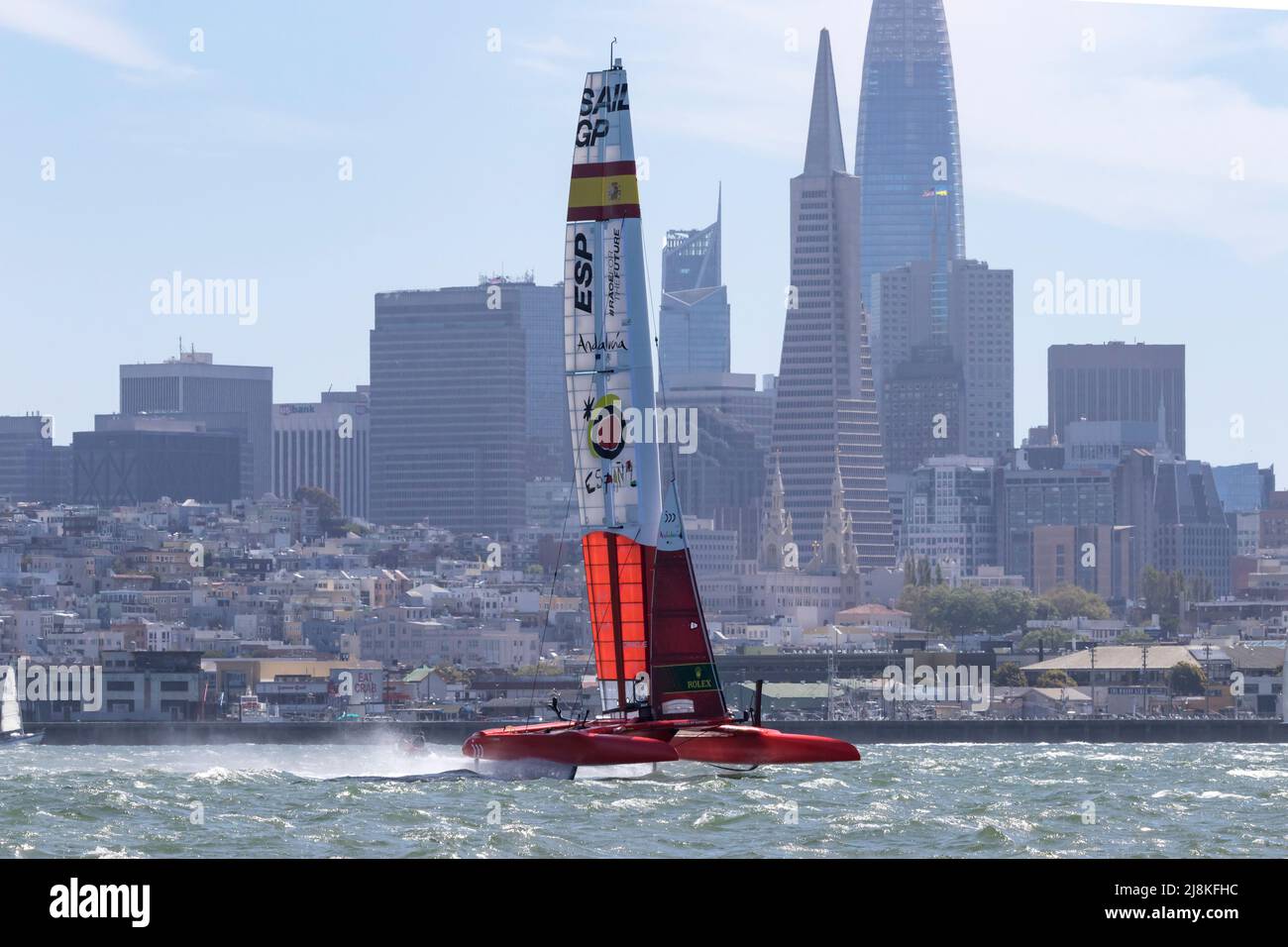 Team Espana races their F50 catamaran on the waters of San Francisco Bay during the 2022 SailGP races. Stock Photo