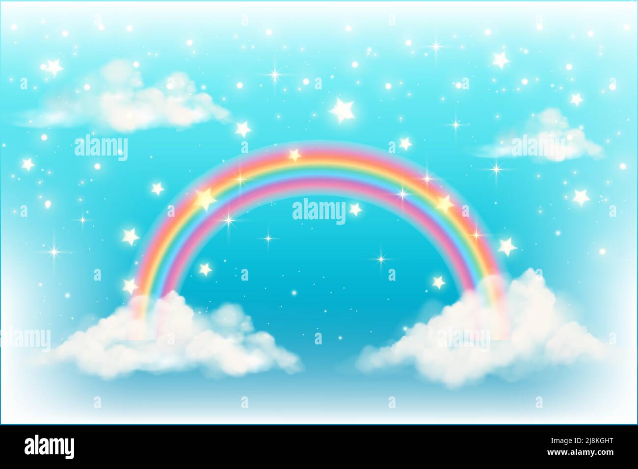 Fantasy rainbow unicorn background with clouds on blue sky. Magical landscape, abstract fabulous wallpaper with stars and sparkles. Arched realistic Stock Vector