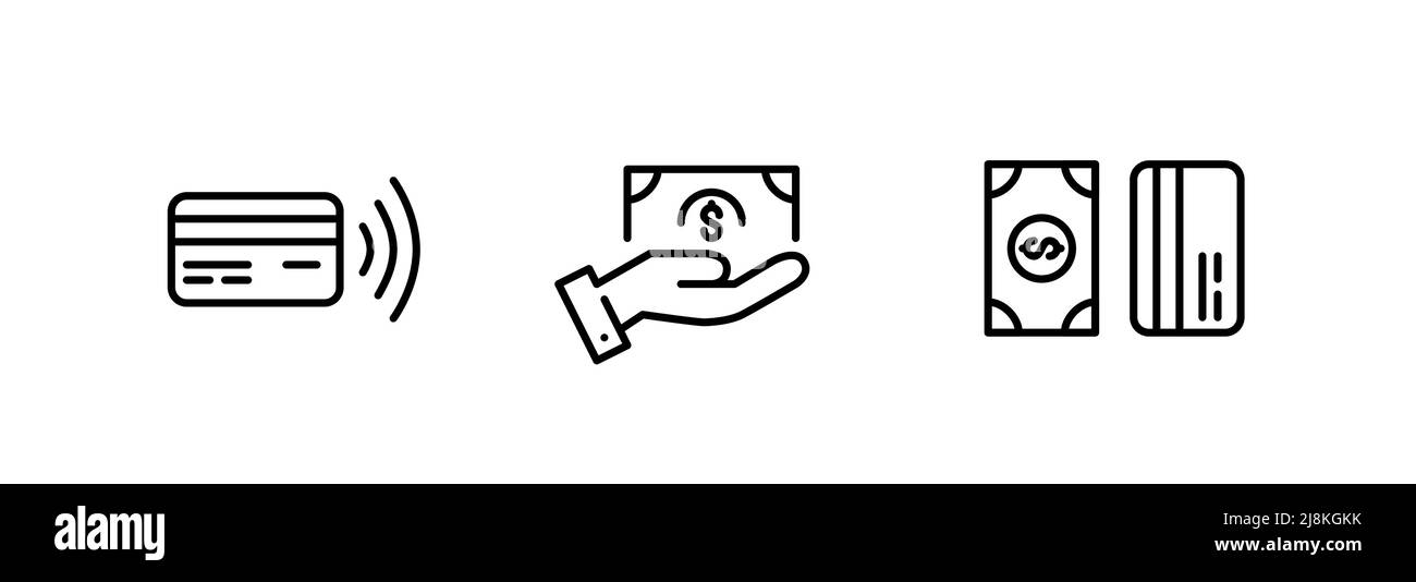 Cash, card and contactless payment methods. Pixel perfect, line art editable stroke icons Stock Vector
