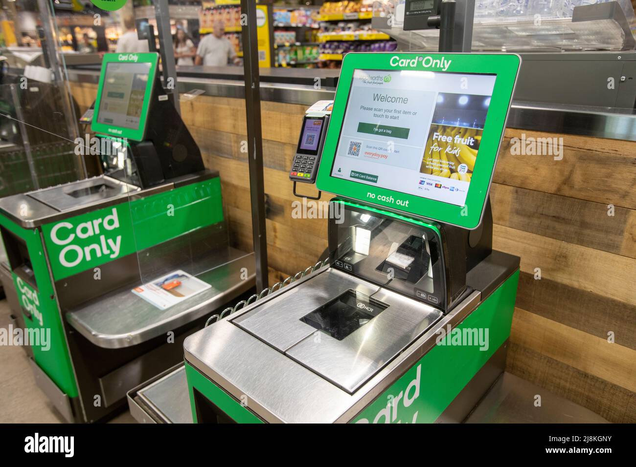 Woolworths supermarket in Sydney Australia with self service or self checkout facilities taking cards only for payment Stock Photo