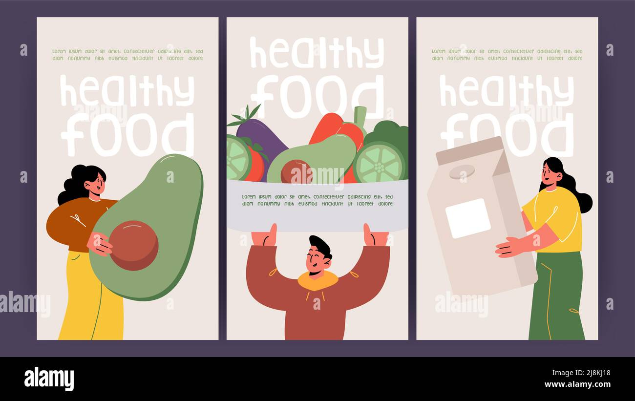 Healthy food posters with people holding big vegetables and milk box ...