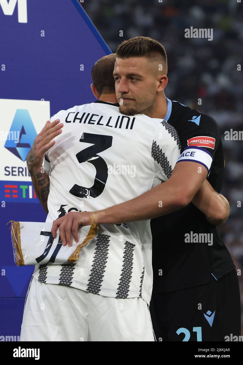 Turin, Italy. 16th May, 2022. Giorgio Chiellini of Juventus embraces Sergej Milinkovic-Savic of SS Lazio at the coin toss prior to kick off in the Serie A match at Allianz Stadium, Turin. Picture credit should read: Jonathan Moscrop/Sportimage Credit: Sportimage/Alamy Live News Stock Photo