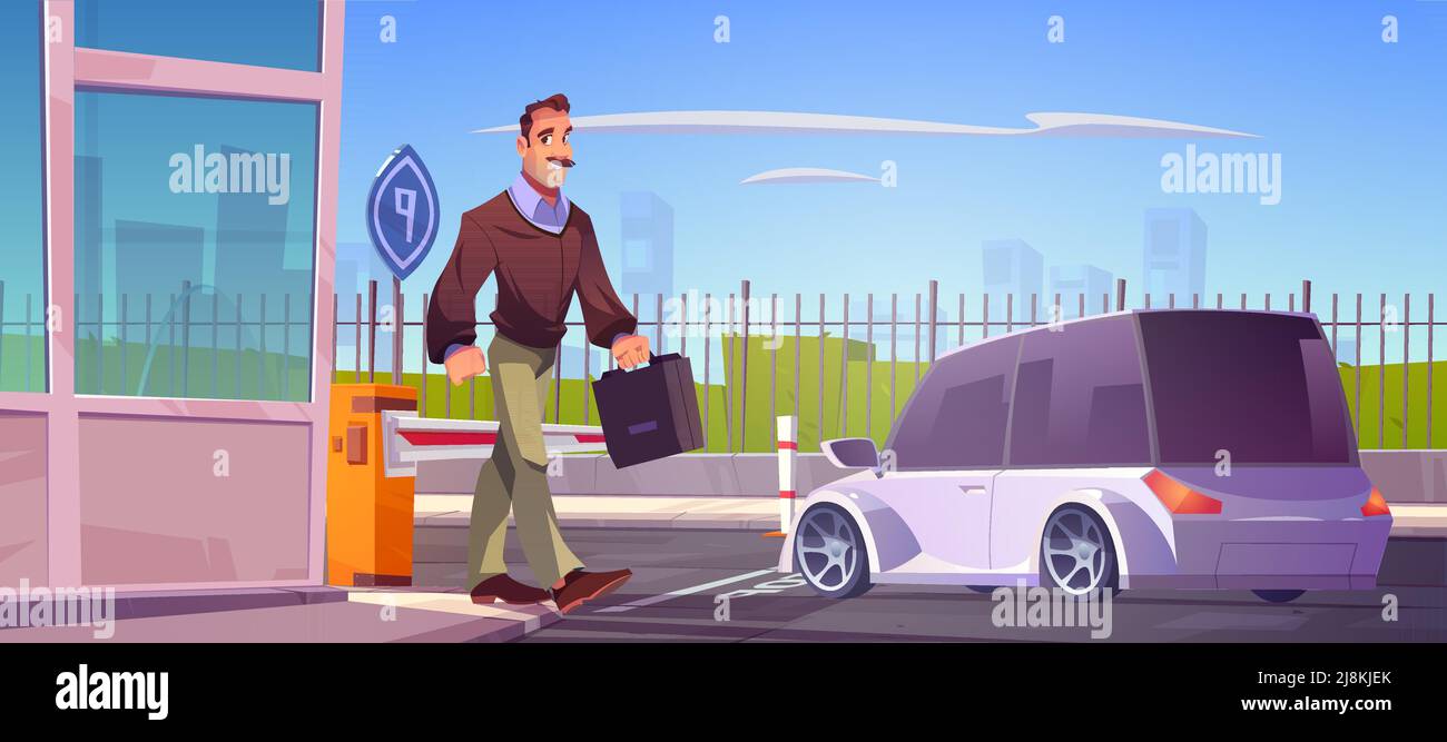 Man worker walk from car parking with automatic barrier and checkpoint. Vector cartoon illustration of summer cityscape with closed road gate, automobile and technician with tool box Stock Vector