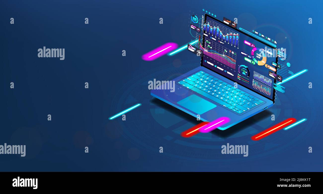 Modern 3D laptop with financial analytics and business infographics on the screen Stock Vector
