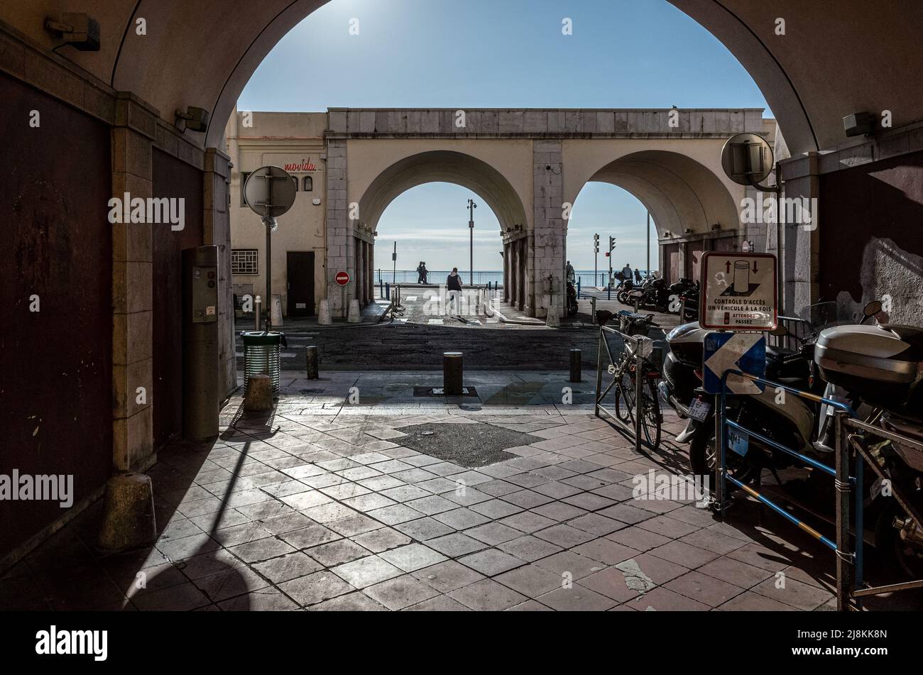 View out to the Mediterranean Sea. Quai des États-Unis Nice, France 12/2019 Stock Photo