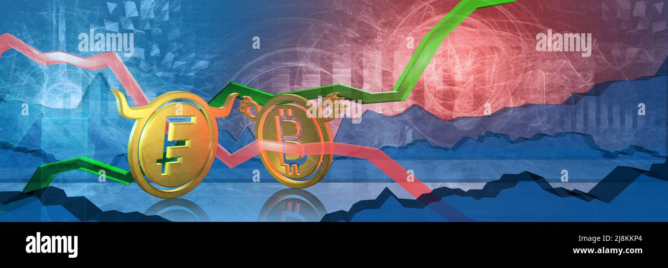 bullish chf stopped by bearish btc. foreign exchange market 3d illustration of swiss franc to digital bitcoin. currency represented as golden coins Stock Photo