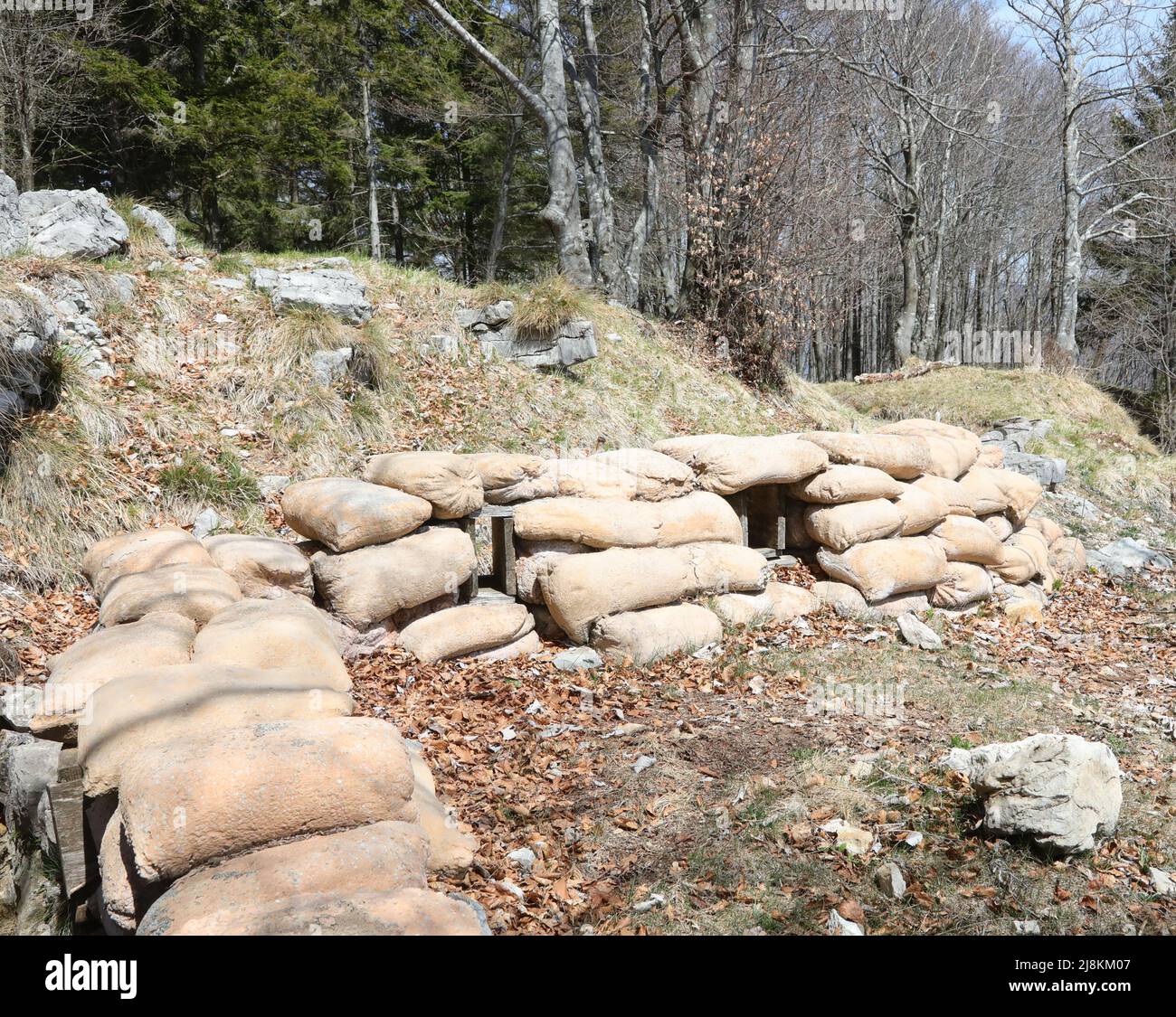 piles of sandbags installed by army soldiers to defend against enemy