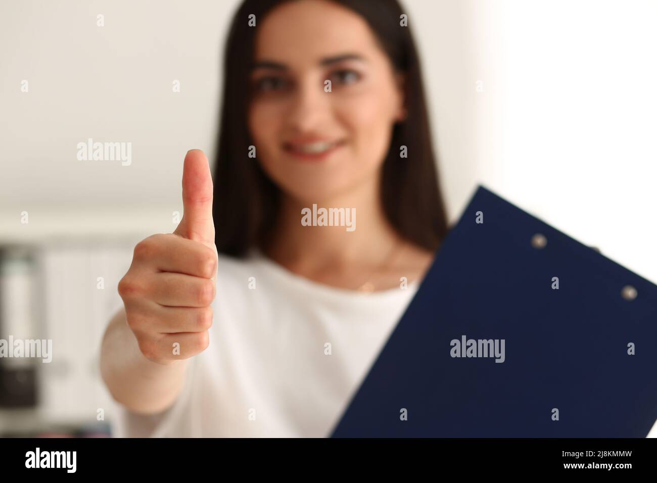 lady-show-thumbs-up-gesture-manager-hold-clipboard-well-done-good-job-symbol-stock-photo-alamy