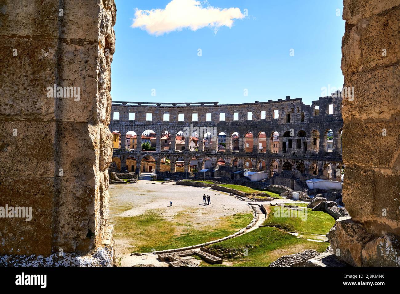 Pula, Croatia, April 28m 2022: Historical amphitheater of Pula with view tourists visiting the site Stock Photo