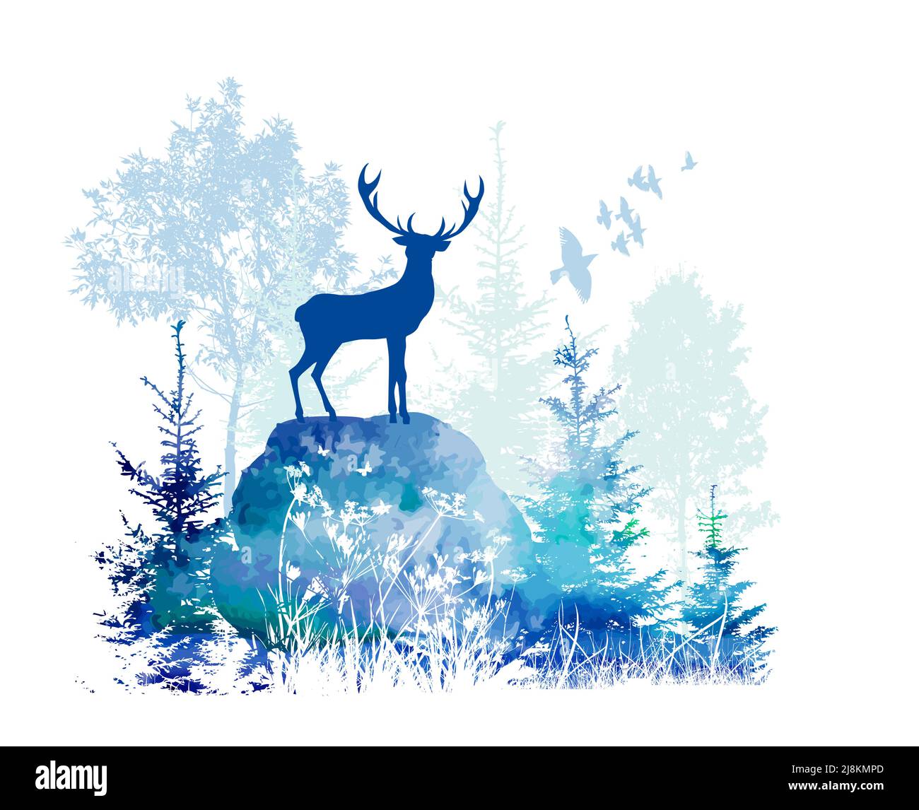 Deer in the forest blue silhouette. Vector illustration Stock Vector