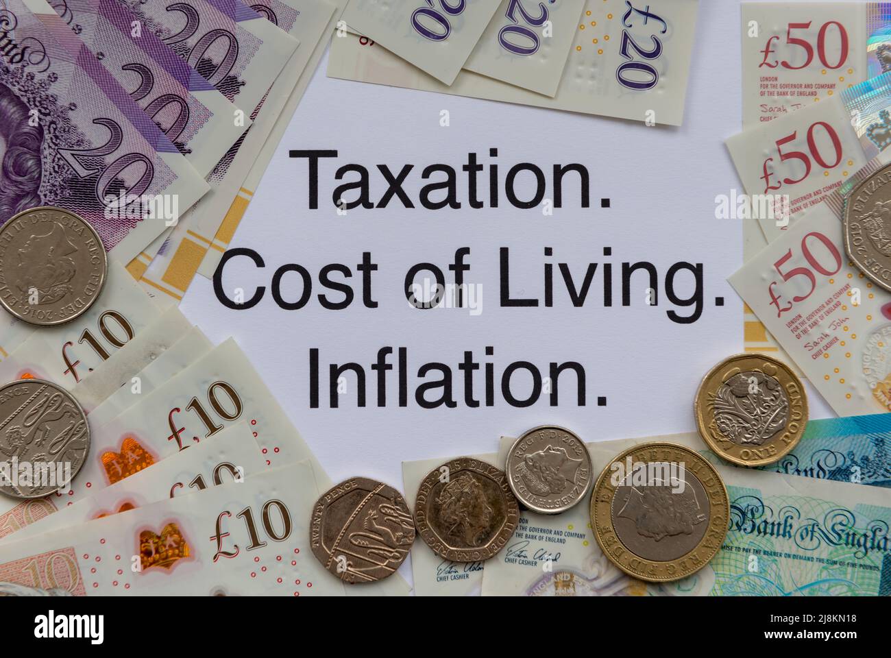 Rising taxation, cost of living and inflation concept with words, bank notes and coins. Stock Photo