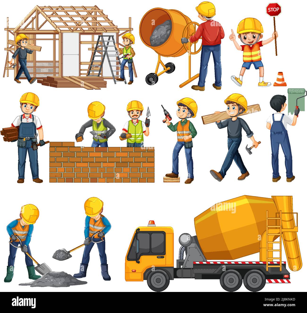 Set of construction site objects and workers illustration Stock Vector