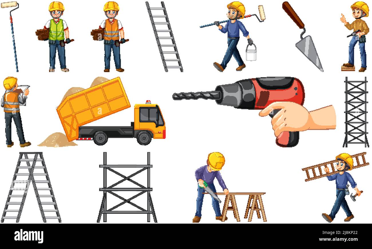 Set of construction site objects and workers illustration Stock Vector