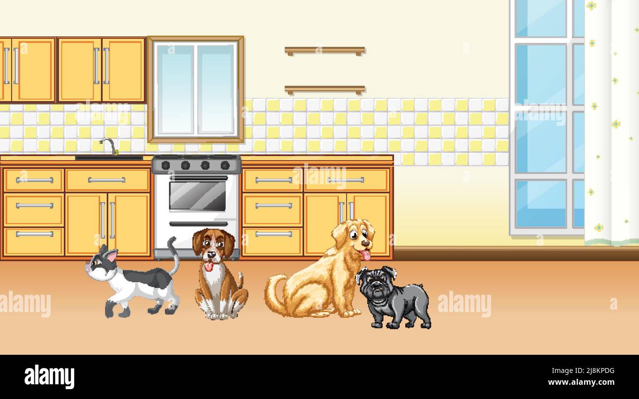 Set of different domestic animals in kitchen illustration Stock Vector ...