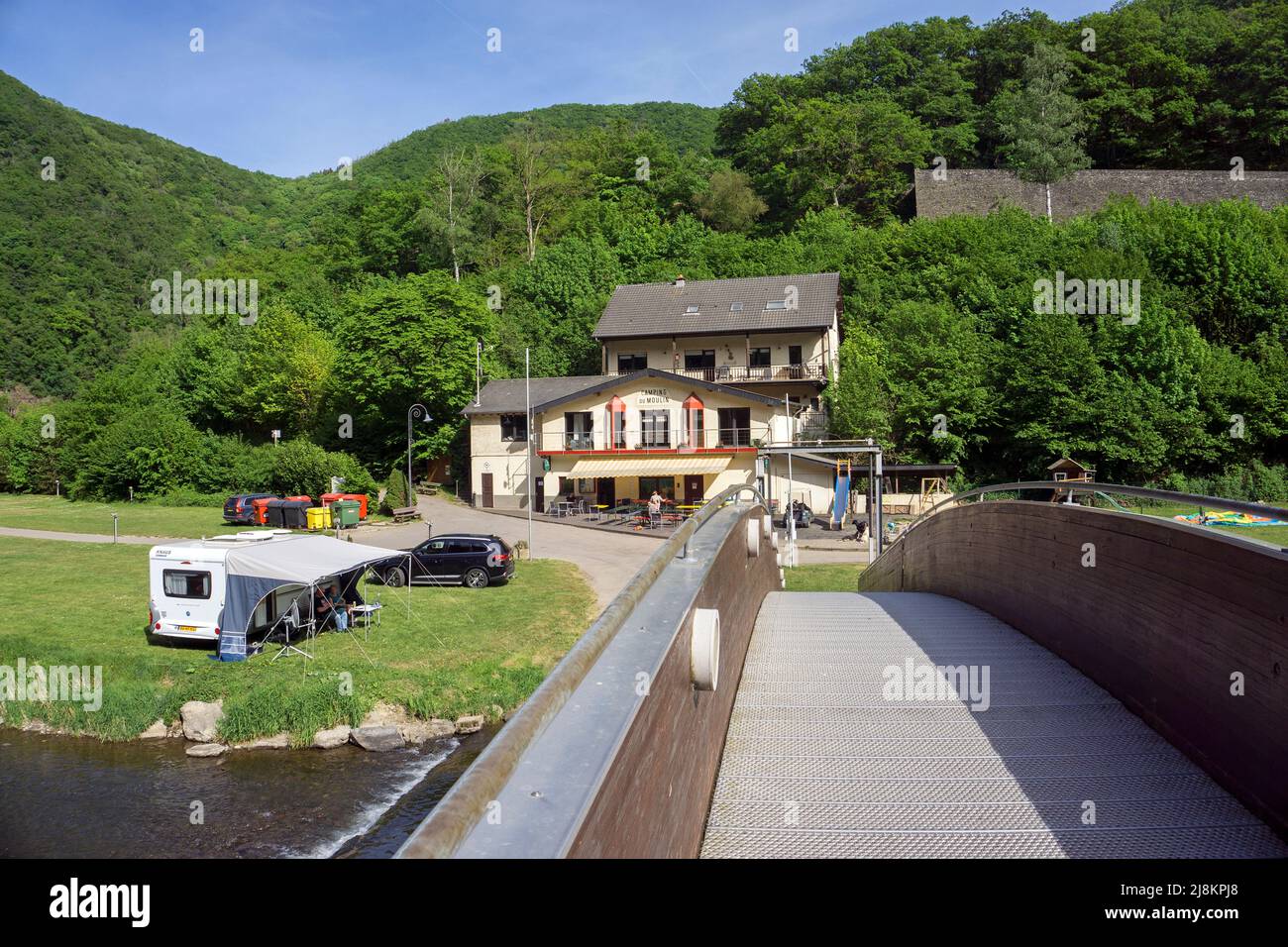 Camping Site Camping du Moulin, in the green valley of the Sure river,  Bourscheid-Plage, Bourscheid, Diekirch district, Ardennes, Luxembourg,  Europe Stock Photo - Alamy