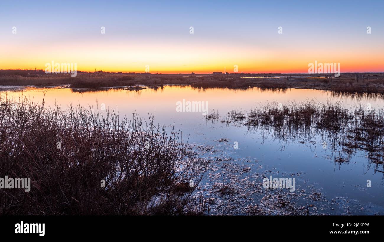 Peaceful coastal landscape in the early morning in spring. Island of Spiekeroog, Germany Stock Photo