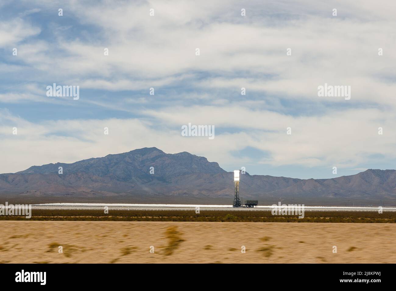 Ivanpah Solar Electric Generating System, solar thermal plant in the Mojave Desert, California, view from a driving car Stock Photo