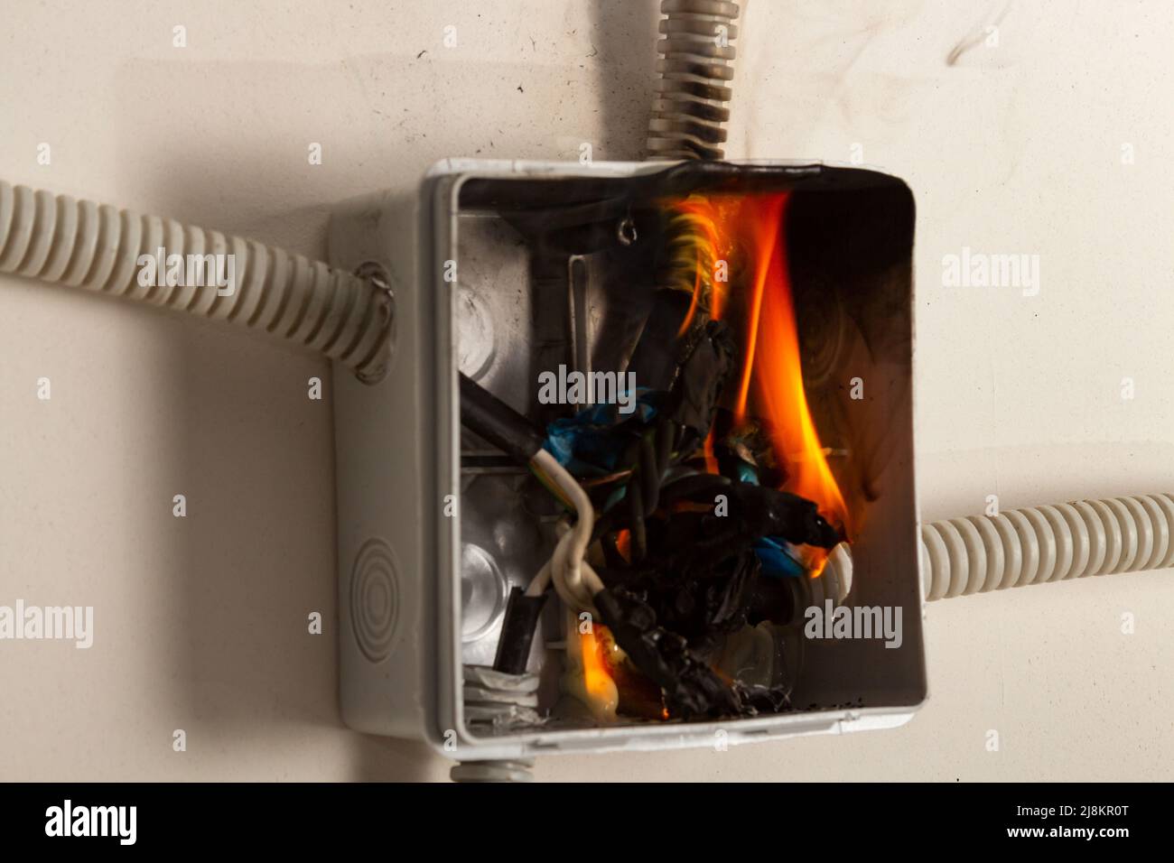 The wires connected in the electrical panel caught fire, creating a dangerous fire situation