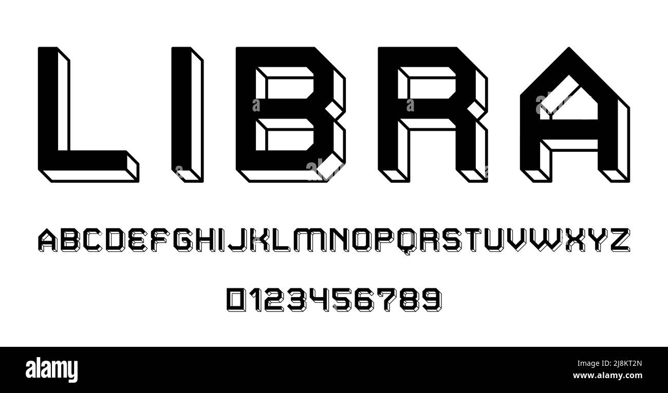 Set of alphabets font letters and numbers modern abstract outline 3D concept design with lines vector illustration Stock Vector