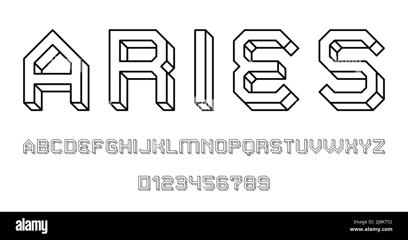 Set of alphabets font letters and numbers modern abstract outline 3D concept design with lines vector illustration Stock Vector