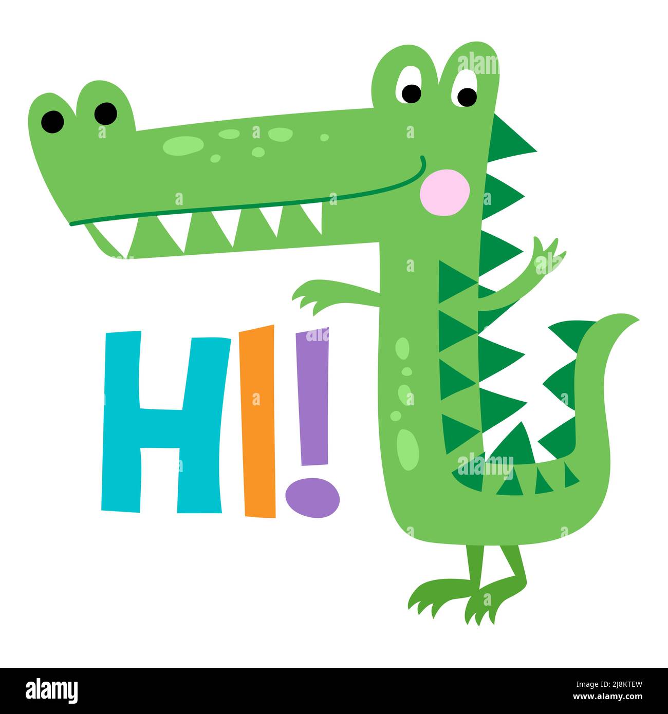 Hello, Hi - Cute Crocodile print design, funny hand drawn doodle, cartoon alligator. Good for Poster or t-shirt textile graphic design. Vector hand dr Stock Vector