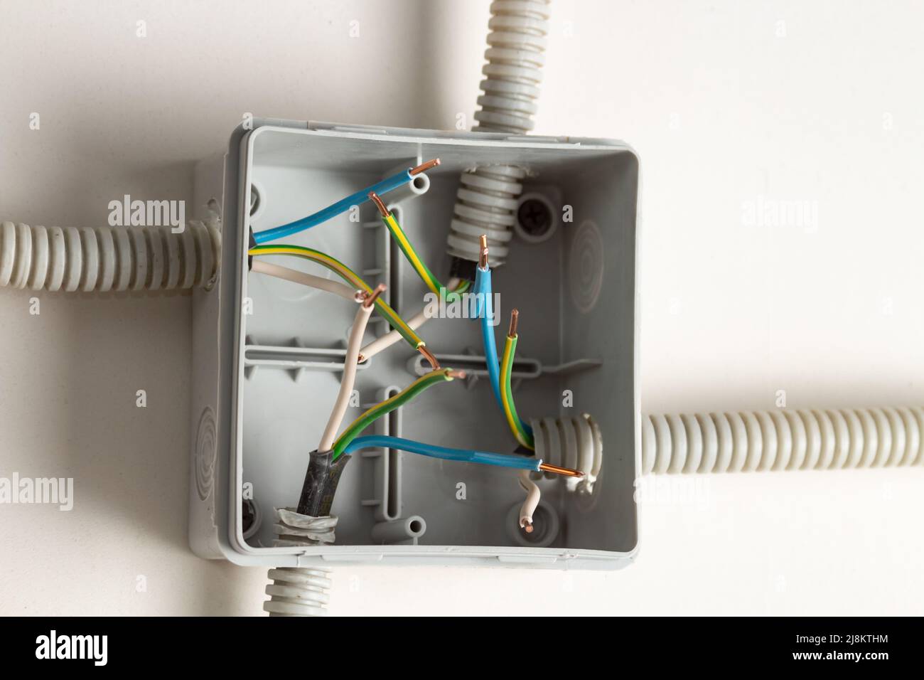 electrical wires in a junction box on the wall Stock Photo Alamy