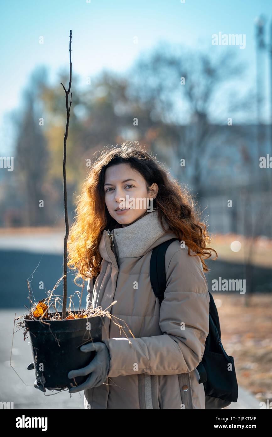 young female planting seedling or tree sapling in park to preserve environment Stock Photo